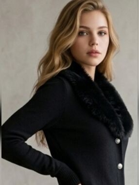 NWT Vintage NYgard Collection Black Cardigan Small Genuine Rabbit Fur Collar